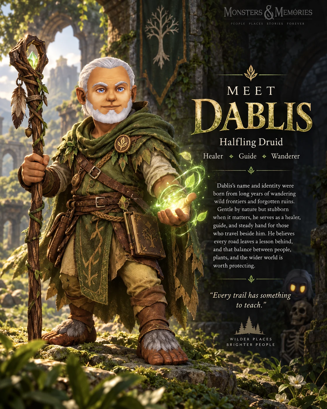 AI-stylized portrait of Dablis, a Halfling Druid in Monsters & Memories